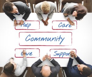 People collaborating around words about community, care and support